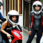 **

A collage showcasing different types of motorcycle helmets (full-face, open-face, half-face) with Thai scenery in the background. Full-face helmets are associated with sport bikes and long trips on highways, open-face helmets are pictured with scooters in a Bangkok street scene, and half-face helmets are seen with a moped in a quiet alleyway. Highlight the varying levels of protection each helmet offers.

**