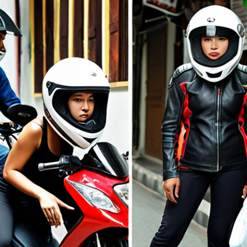 **

A collage showcasing different types of motorcycle helmets (full-face, open-face, half-face) with Thai scenery in the background. Full-face helmets are associated with sport bikes and long trips on highways, open-face helmets are pictured with scooters in a Bangkok street scene, and half-face helmets are seen with a moped in a quiet alleyway. Highlight the varying levels of protection each helmet offers.

**