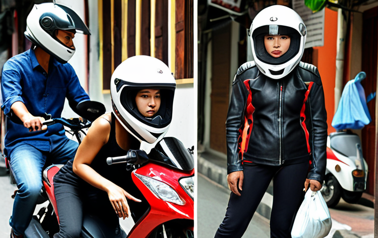 **

A collage showcasing different types of motorcycle helmets (full-face, open-face, half-face) with Thai scenery in the background. Full-face helmets are associated with sport bikes and long trips on highways, open-face helmets are pictured with scooters in a Bangkok street scene, and half-face helmets are seen with a moped in a quiet alleyway. Highlight the varying levels of protection each helmet offers.

**
