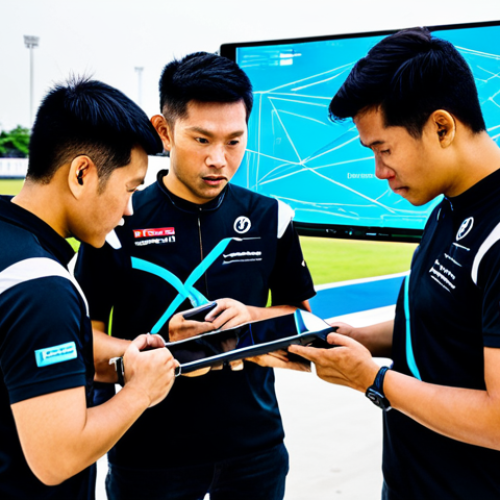 Home 16 Drone Racing Team Strategy**
"A professional drone racing team is huddled around a tablet displaying flight paths, discussing strategy before a race. They're wearing matching, fully clothed racing team jerseys, appropriate attire for a sporting event. The background shows a modern drone racing arena in Bangkok, Thailand. Safe for work, family-friendly, perfect anatomy, correct proportions, professional photography, high quality."
**