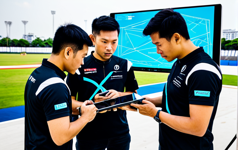Drone Racing Team Strategy**

"A professional drone racing team is huddled around a tablet displaying flight paths, discussing strategy before a race. They're wearing matching, fully clothed racing team jerseys, appropriate attire for a sporting event. The background shows a modern drone racing arena in Bangkok, Thailand. Safe for work, family-friendly, perfect anatomy, correct proportions, professional photography, high quality."

**