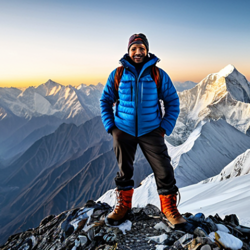 Home 15 **
A professional mountain guide, fully clothed in appropriate hiking gear including a durable jacket and hiking boots, stands on a snowy mountain ridge overlooking a stunning vista of the Himalayas at sunrise. Safe for work, professional photography, perfect anatomy, natural proportions, dramatic lighting, appropriate content, fully clothed, modest attire.
**