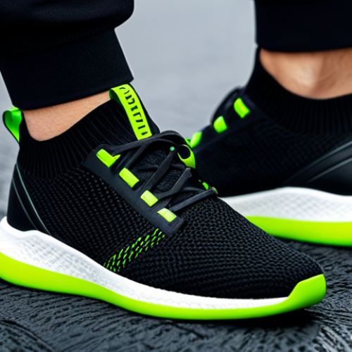 Home 14 운동용 스마트 신발 리뷰 - **Smart Sneaker Close-Up:** A modern, sleek smart sneaker with black and neon green accents, showcas...