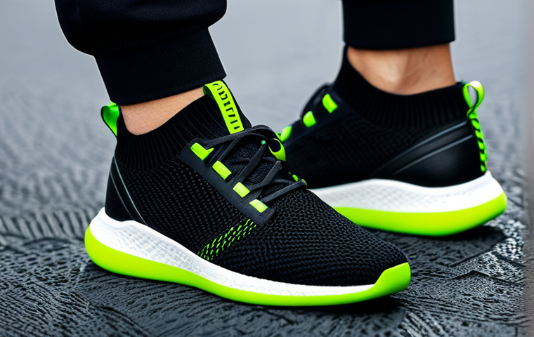 운동용 스마트 신발 리뷰 - **Smart Sneaker Close-Up:** A modern, sleek smart sneaker with black and neon green accents, showcas...